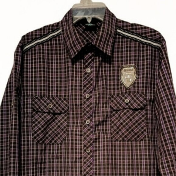 L👔Querea Plaid Casual Button-Down Shirt with Badge - Picture 2 of 8
